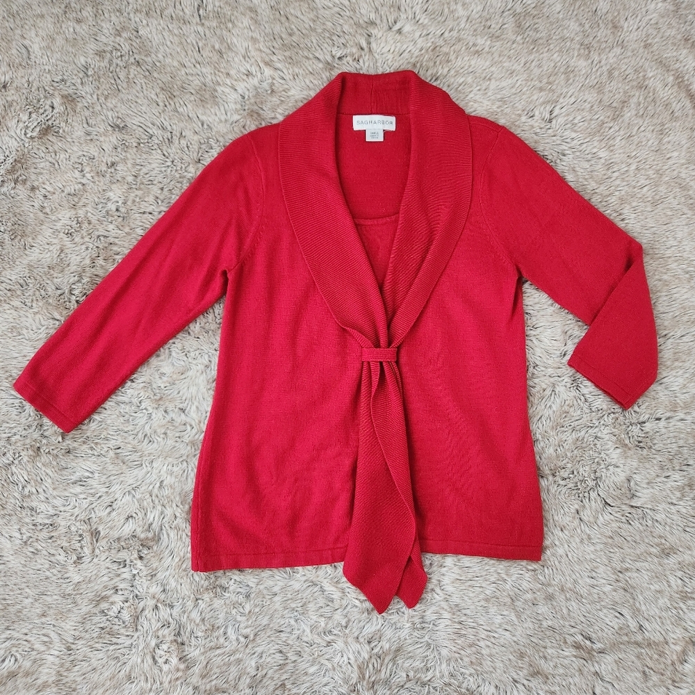 Sag Harbor Gathered Collar Faux Cardigan Sweater Red Women's Size Small